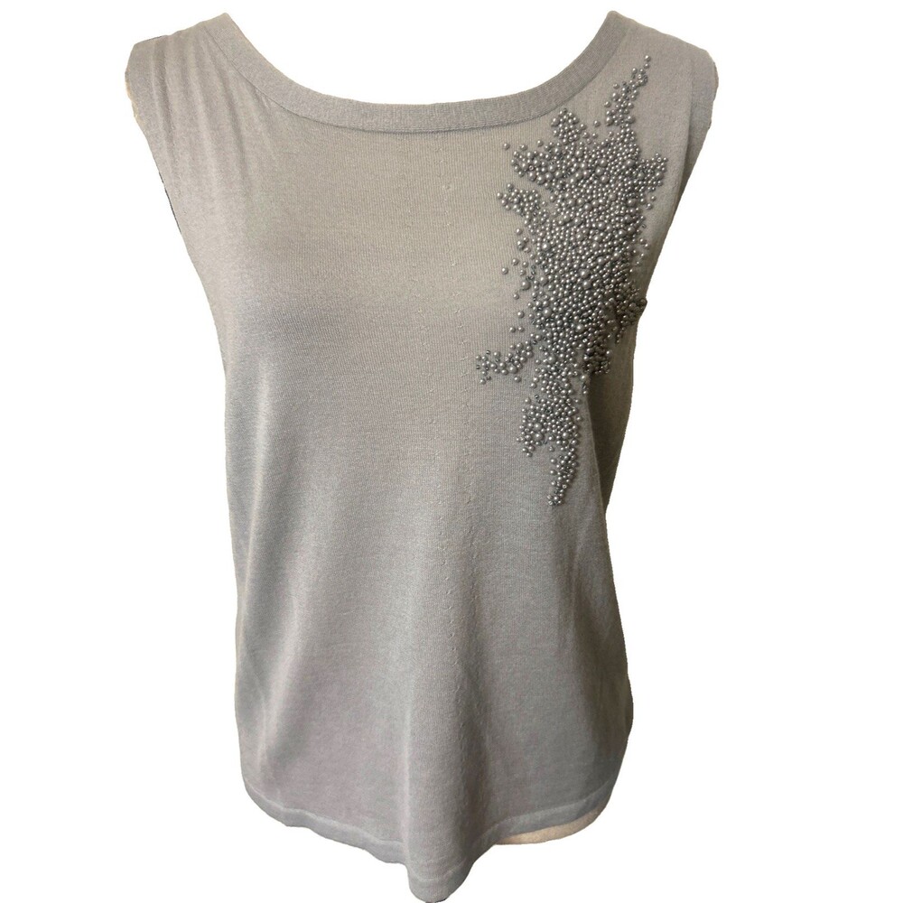 Tadashi 100% Cashmere Beaded Gray Sleeveless Soft Knit Pullover Top XL New FLAW